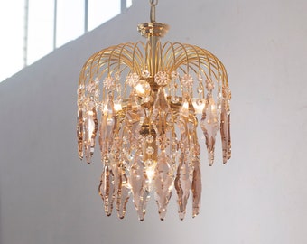 Hollywood Regency Chandelier with amethyst color crystals, vintage pendant lamp lighting Made in Italy