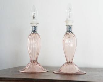 Murano Glass Lamp Pair - Handblown Pink Bedside Accent Lights