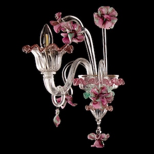 Handcrafted Murano glass wall sconce with pink, green and amethyst details, handmade Made in Italy Venetian lamp