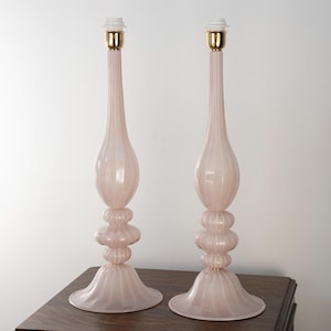 Pair of Murano glass table lamps soft pink color, handmade Made in Italy Venetian design lighting