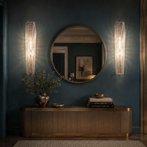 a modern and stylish interior design with a large round mirror, two wall sconces, a wooden console table, and a vase of greenery.
