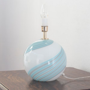 Vintage White color Murano glass table lamp with turquoise and gray filigree decoration, handmade Made in Italy