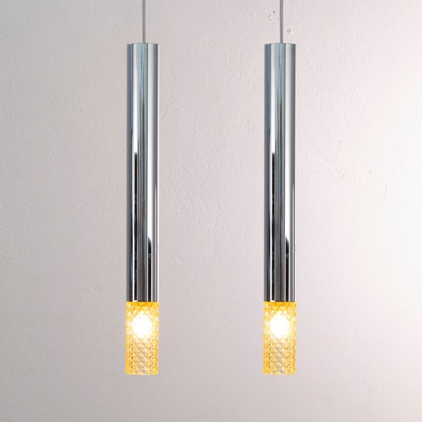 Ensemble de 2 lampes à suspension en verre de Murano ambré décoré, structure chromée, lustre spot design Made in Italy