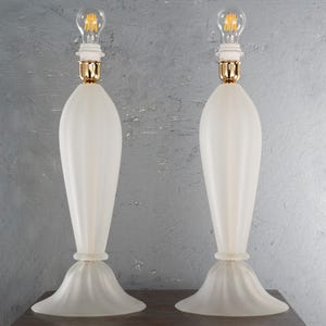 Pair of Murano glass table lamp frosted white color, handmade Made in Italy Venetian design lighting