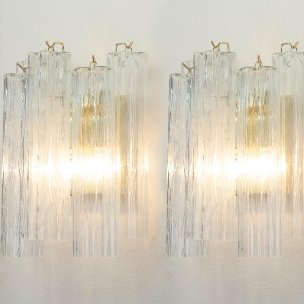 Wall Sconce pair, Tronchi H35cm - Clear Glass Hand-blown Italy - Mid-Century Modern