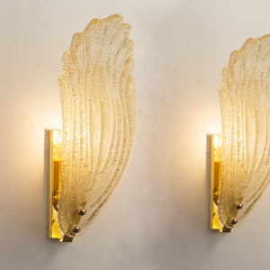 Set of 2 amber-colored Murano glass wall lamps vintage style leaves, Made in Italy