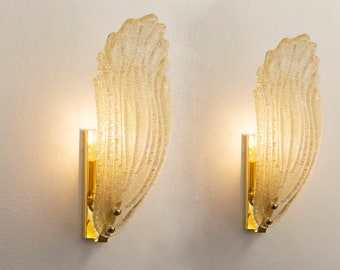 Set van 2 wandlampen van Muranoglas, amberkleurig glas versierd met gruis, paar wandkandelaars Made in Italy