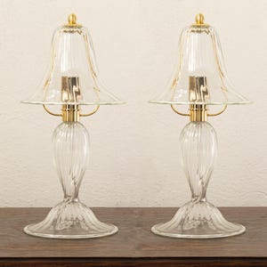 Pair of Murano clear glass table lamp, handmade Made in Italy Venetian design lighting