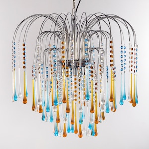 Chandelier rain, cascade of crystals and multicoloured Murano glass drops and octagons with chrome frame, vintage style Made in Italy