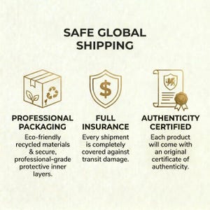 The image is a visual representation of three different types of shipping services: Professional Packaging, Full Insurance, and Authenticity Certified. Each service has its own set of features and benefits, such as eco-friendly packaging, full insurance coverage, and authenticity certificates.