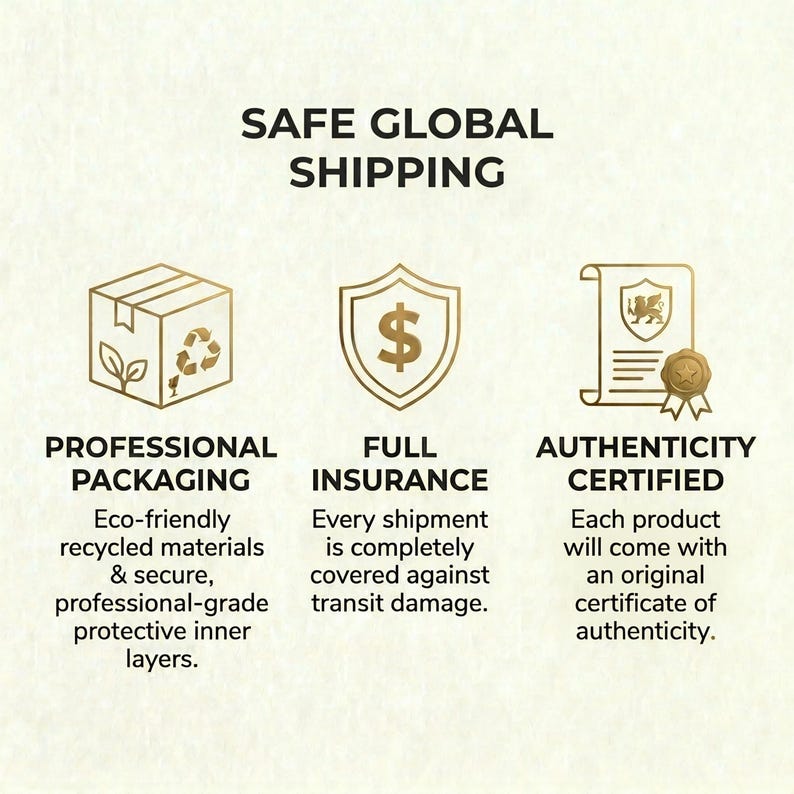 The image is a visual representation of three different types of shipping services: Professional Packaging, Full Insurance, and Authenticity Certified. Each service has its own set of features and benefits, such as eco-friendly packaging, full insurance coverage, and authenticity certificates.