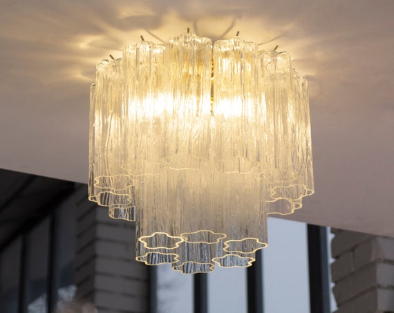 Ceiling lamp with Clear Murano glass Tronchi, ceiling chandelier diameter 35 cm design vintage style Made in Italy