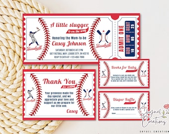 May include: Baseball-themed baby shower invitation with a ticket design. The invitation features a baseball player, a baseball, and the text "A little slugger is on the way". It also includes the name "Casey Johnson" and the date and time of the event. The invitation also includes a thank you card with the text "Thank you for coming" and a diaper raffle card with the text "Diaper Raffle".