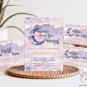 May include: A set of four baby shower invitations with a pink, purple, and blue watercolor background featuring a crescent moon with stars. The text on the invitations reads "We Are Over the Moon!" and "Please join us for a baby shower honoring Luna Armstrong".