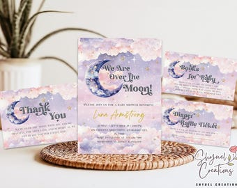 May include: A set of four baby shower invitations with a pink, purple, and blue watercolor background featuring a crescent moon with stars. The text on the invitations reads "We Are Over the Moon!" and "Please join us for a baby shower honoring Luna Armstrong".