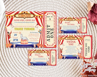Paquete de invitaciones para baby shower de circo vintage (descarga digital)