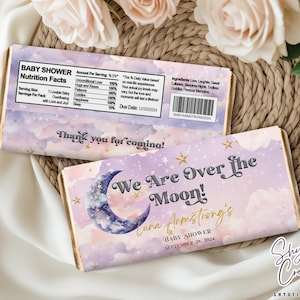 Over the Moon Involucri di cioccolato stampabili, Over the Moon Favors, Modello di involucro di barretta di cioccolato modificabile, Etichetta di barretta di cioccolato da 1,55 oz. Ragazza OM1