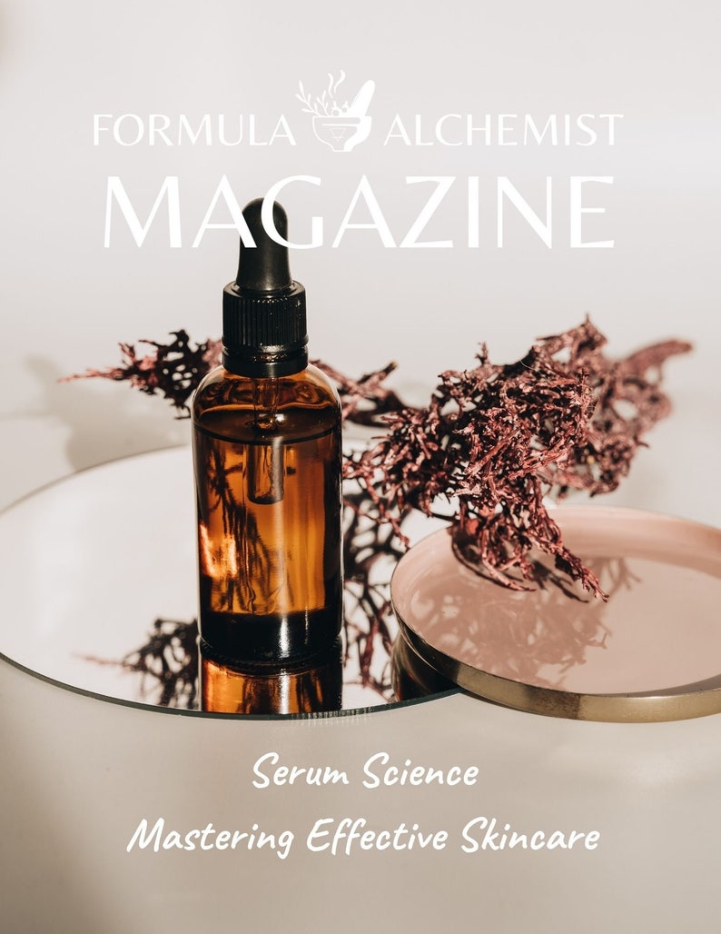 May include: A brown glass bottle with a dropper filled with a clear liquid. The bottle is sitting on a white surface with a pink and gold dish and a dried red branch. The text "Serum Science Mastering Effective Skincare" is written below the bottle.