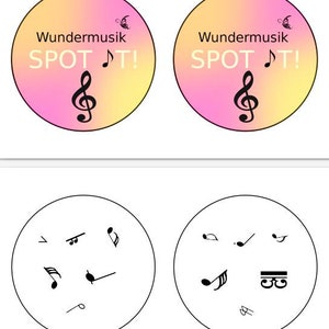 May include: Two pink and yellow circles with the text "Wundermusik SPOT IT!" and a treble clef. Two white circles with black musical notes.