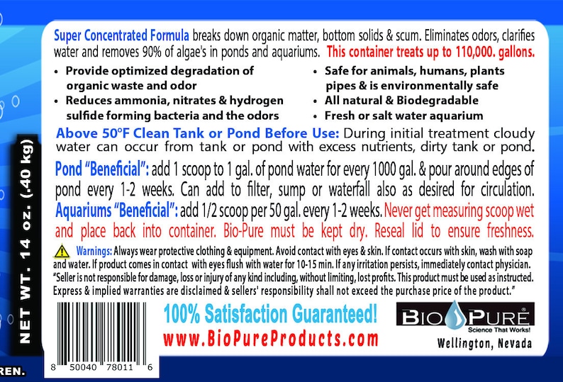 Bio-pure Pond & Aquarium BENEFICIAL 14 Oz. Treats up to 56,000. Gallons ...