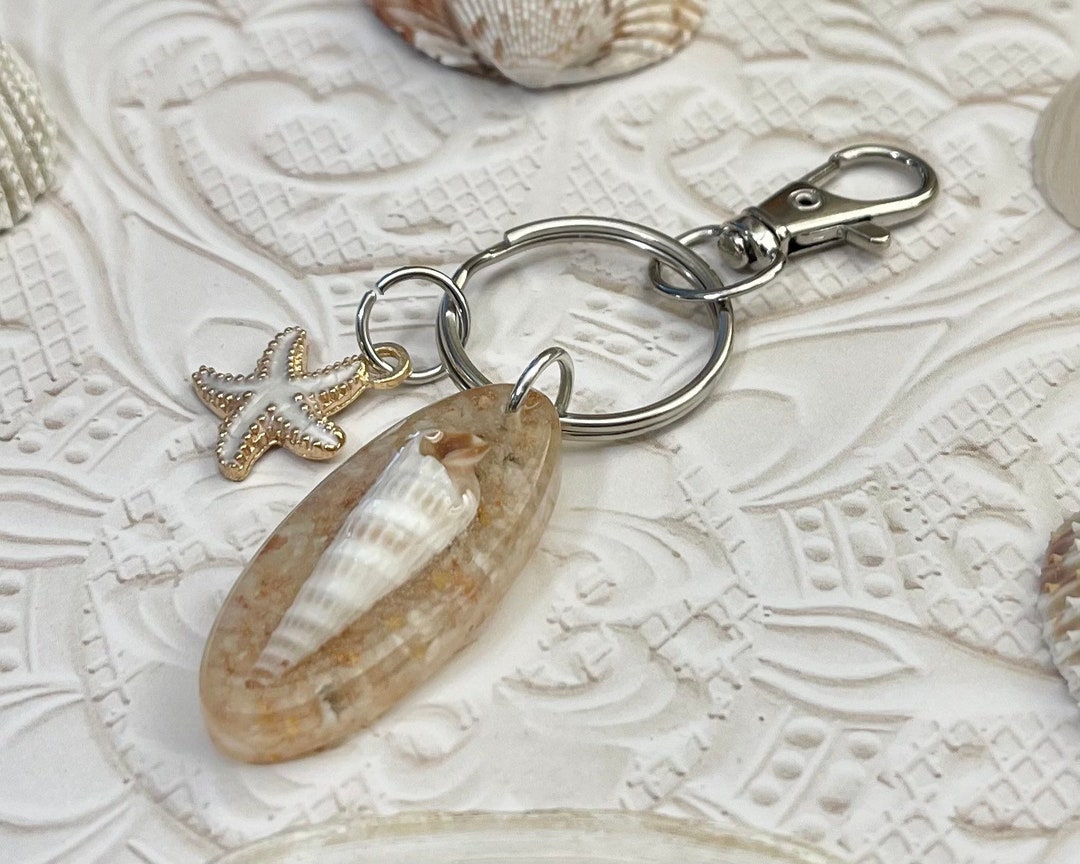 Beach Resin Keychain, Seashell Florida Sand Souvenir, Gold Aqua Ocean ...
