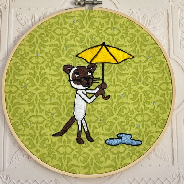 Childrens Embroidery Hoop Ring Art, Kids Play Room Wall Decor, Cat with Umbrella under the rain, original by young artist, collectable gift