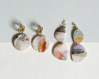 "Pastel" collection, Polymer clay earrings, Shiny, White, Green, Purple, Gold, Resin, Gold, Yellow, Copper, Handmade