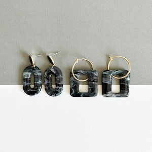 &quot;Imany&quot; Collection, Polymer Clay Earrings, Shiny, Black, Gray, Green, White, Resin, Gold, Transparent, Handmade