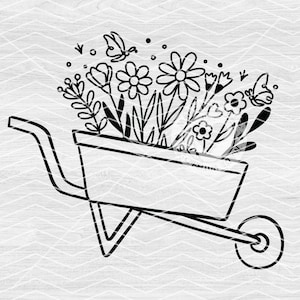 Brouette florale svg, svg de brouette, jardinage svg, svg de printemps, brouette de fleurs sauvages, brouette avec des fleurs