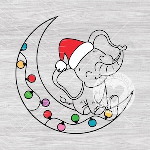 May include: A whimsical line art illustration of an elephant wearing a Santa hat, perched on a crescent moon. The moon is adorned with a string of colorful Christmas lights, creating a festive holiday design.