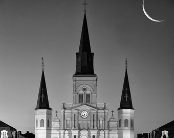 Crescent Moon over St. Louis Cathedral, French Quarter Black and White Prints, New Orleans Black and White Photos, A limited edition print