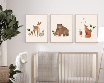 Boho forest nursery wall art | Neutral baby room decor | Woodland animals prints | Bohemian kids room art