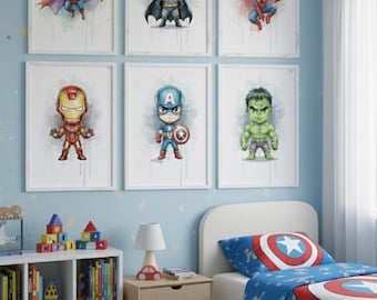 Set of 6 Superhero Wall Prints | Watercolor Digital Art for Boys Room | Kids Wall Decor | Printable Nursery Superhero Art