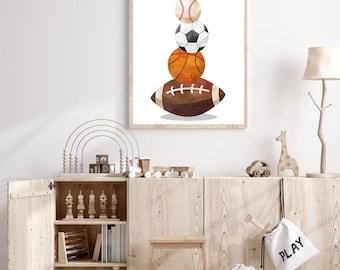Quadros com temas esportivos infantis | Decoração de parede para quarto infantil | Beisebol, futebol, basquete e futebol americano
