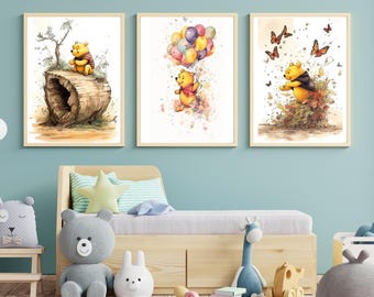 Set of 3 Classic Winnie the Pooh Watercolor Prints | Nursery Wall Art | Digital Download | Printable Baby Room Decor