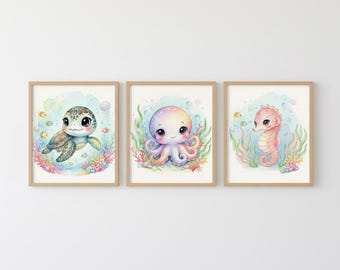 Set of 3 Ocean Animals Prints – Turtle, Octopus & Seahorse Watercolor | Nursery Wall Art Baby Room Decor