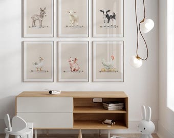 Set of 6 Farm Animal Prints | Nursery Wall Decor | Baby Shower Printable Posters | Instant Download Digital Art