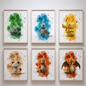 May include: A set of six framed wall art prints featuring watercolour-style illustrations of Bulbasaur, Squirtle, Pikachu, Meowth, Charmander, and Charizard, each surrounded by a vibrant splash of colour corresponding to their elemental type.