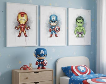 Set of 3 Superhero Prints | Iron Man, Captain America and Hulk | Watercolor Digital Wall Art for Boys Room | Nursery Decor