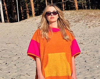 Colorful Beach Poncho for Women - Candy Girl Surf Poncho 100% Cotton, Female Changing Robe, Perfect Gift for Surfer Girl, Pink Orange Yellow