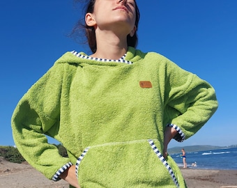 Lime Green Cotton Terry Bath Poncho: Hooded Beach Robe for Woman, Mother Day Gift