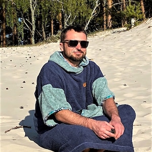 Surf Poncho Adult Deep Blue - Hooded Towel 100 % Cotton - Swim Parka - Changing Robe -Gift for Surfer - Gift for Him - Beach Towel Surfer