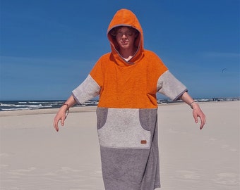 Poncho de surf adulte gris orange - serviette à capuche, parka de bain 100 % coton, peignoir à langer - cadeau parfait pour homme surfeur, surfeur serviette de plage