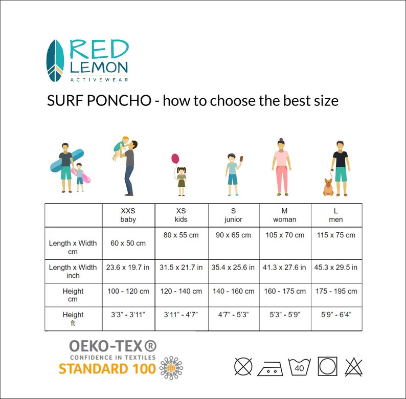 May include: A size chart for a surf poncho with illustrations of people wearing the poncho in different sizes. The chart shows the length and width in centimeters and inches, as well as the height in centimeters and feet. The chart also includes the Oeko-Tex Standard 100 logo.