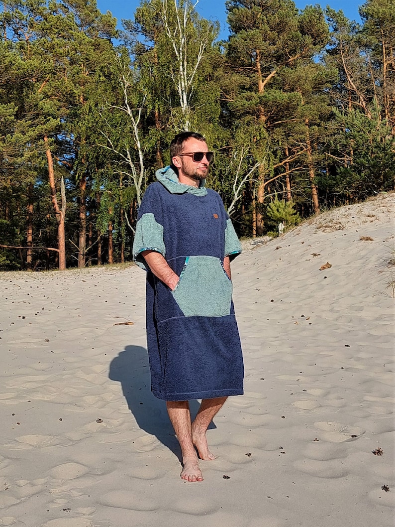 Surf Poncho Adult Deep Blue Hooded Towel 100 % Cotton Swim Parka Changing Robe Adult Gift for Surfer Poncho for Man Beach Towel Surfer image 2