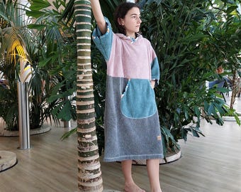 Handmade Cotton Surf Poncho: Hooded Beach Changing Robe