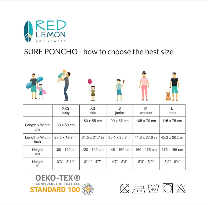 May include: A size chart for a surf poncho with illustrations of people wearing the poncho in different sizes. The chart shows the length and width in centimeters and inches, as well as the height in centimeters and feet. The chart also includes the Oeko-Tex Standard 100 logo.