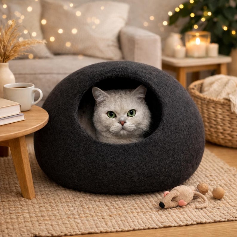Peut inclure: Une grotte pour chat en feutre gris fonc&eacute;, de forme arrondie avec une large ouverture circulaire. &Agrave; l'int&eacute;rieur, un chat gris clair aux yeux verts regarde devant lui. Un petit jouet beige en forme de souris aux oreilles roses est pos&eacute; au sol.