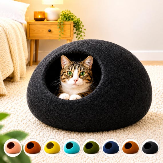 Handmade Felt Wool Cat Cave : Cozy Kitty Cocoon Bed (Medium Size)