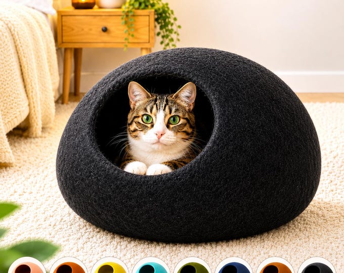 Handmade Felt Wool Cat Cave : Cozy Kitty Cocoon Bed (Medium Size)